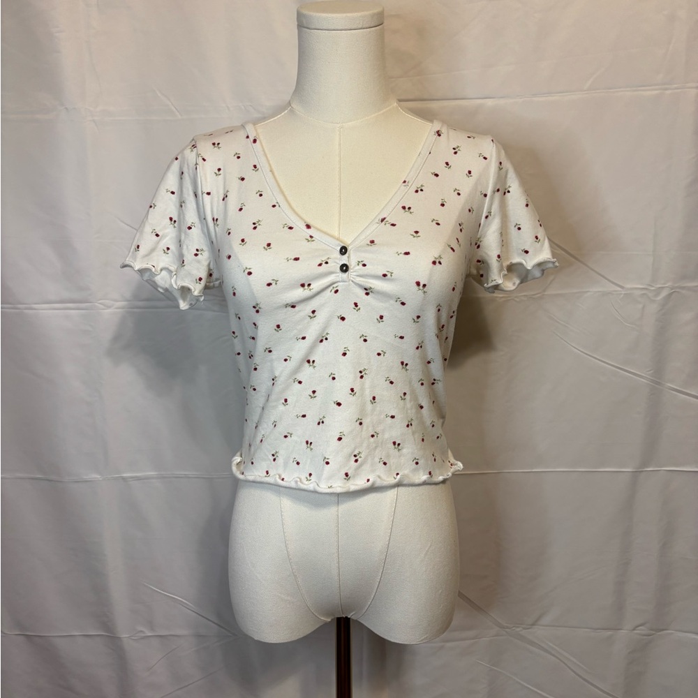 Forever 21 Y2K Rose Print Ruched Button‎ Babydoll Top M Lettuce Hem